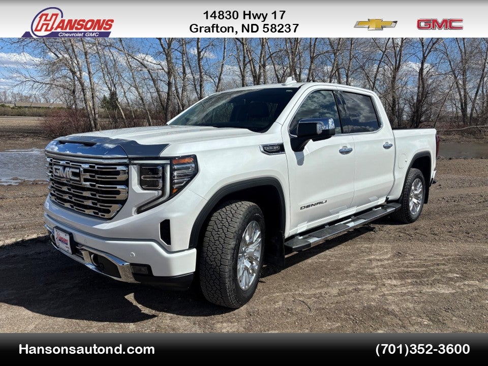 2025 GMC Sierra 1500 Denali in White Frost Tricoat — front three-quarter view